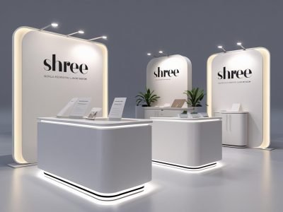 Modern exhibition booth setup with branded backdrops and counters” write shree sign graphics Modern exhibition booth setup with branded backdrops and counters” write shree sign graphics